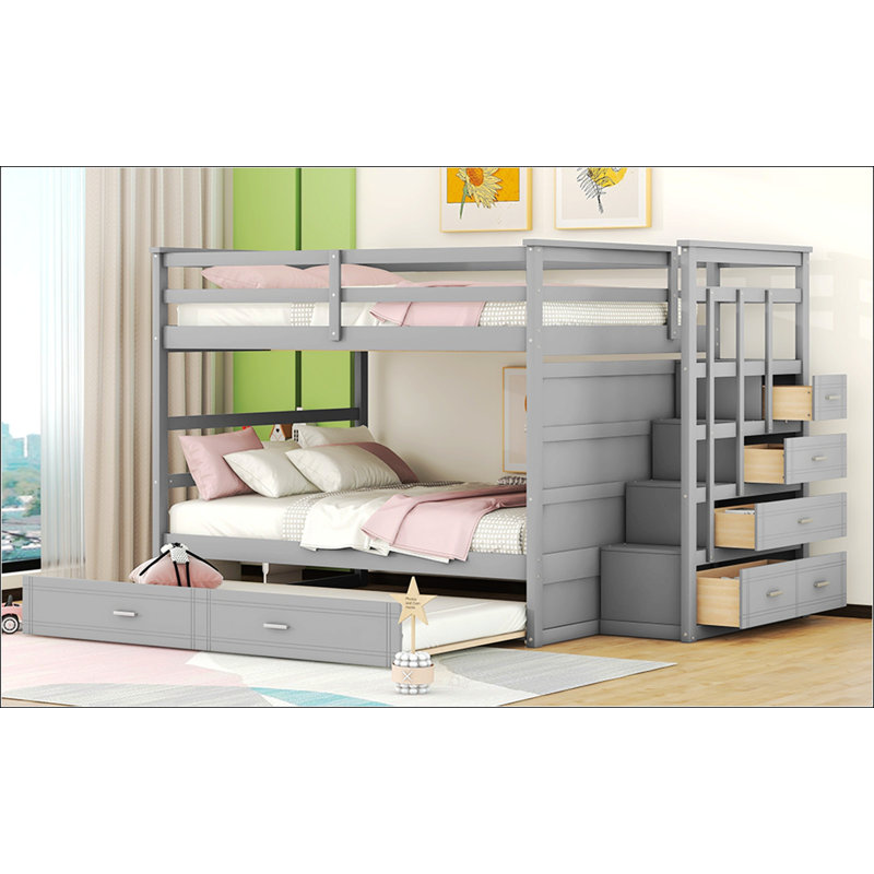 Lit superposé double au-dessus de double avec gigogne simple et escalier, conception peu encombrante pour les chambres modernes