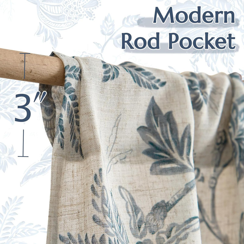 Rideaux en lin à motif floral avec passe-tringle, L 26 po x L 36 po, Bleu