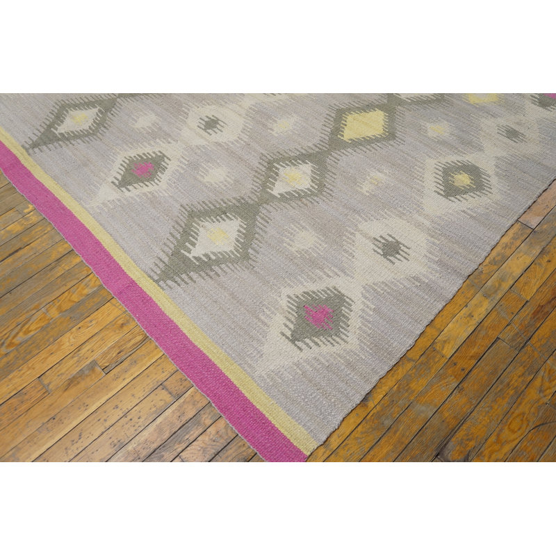 Tapis unique en laine noué à la main gris clair / ivoire / rose de 9 pi x 12 pi