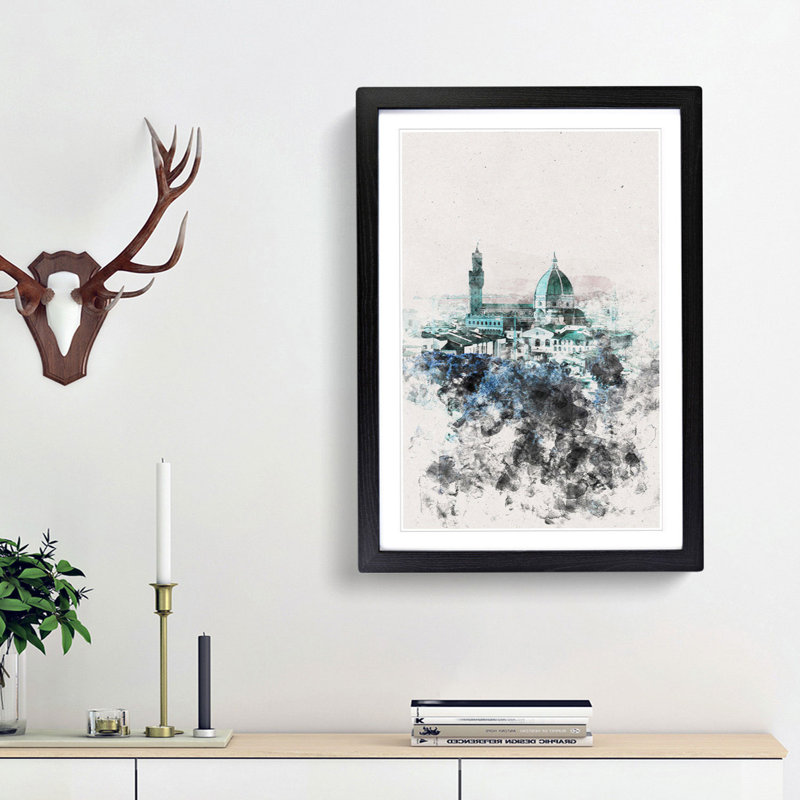 Florence Cathedral In Italy Abstract Watercolour - Picture Frame Graphic Art, 45cm H x 33cm W x 2cm D, Black Framed