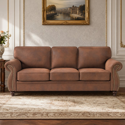 88" Wide Fabric Rolled Arm Sofa Nailhead Trim & Solid Wood Legs