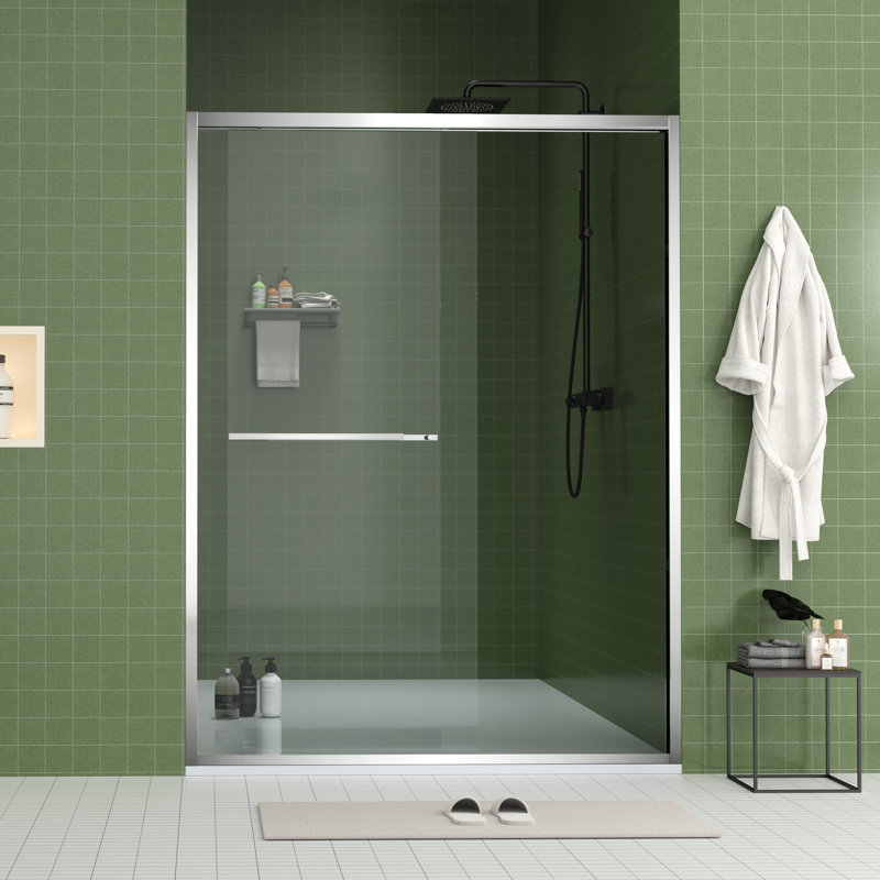 60" Wide And 70" High Aluminum Frame Bypass Bathroom Sliding Door With Double Handle As Towel Rail, - Crash Angle, Mute Rollers, Easy To Install 56 Adjustable Width 8mm & Tempered Glass, Stainless