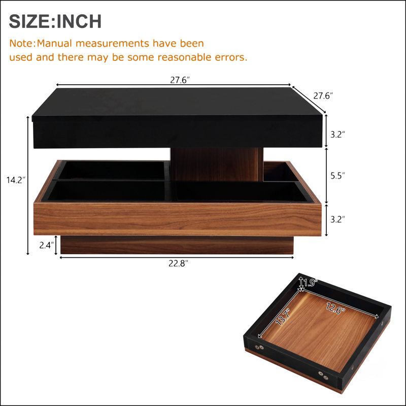 Modern Square 360°Rotating Coffee Table With Three Detachable Tray, Black, Dark Walnut