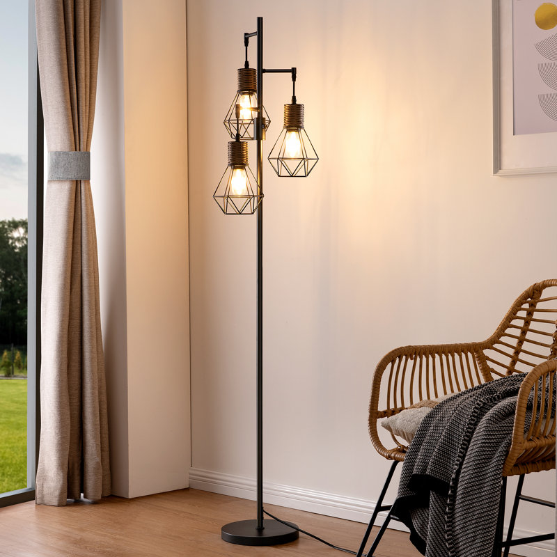 Crevan 65" Dimmable Rattan Tree Floor Lamp With 3 Bulbs Included, Matte Black