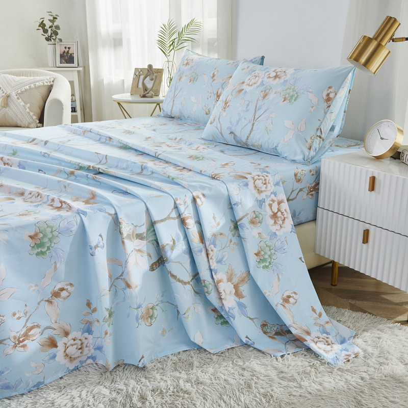 100% Egyptian Cotton Fitted Sheet Set,4pcs 800 Thread Count Luxury Bird and Watercolor Floral in Light Blue Bedding Set, For Bedroom Guest Room All Seasons