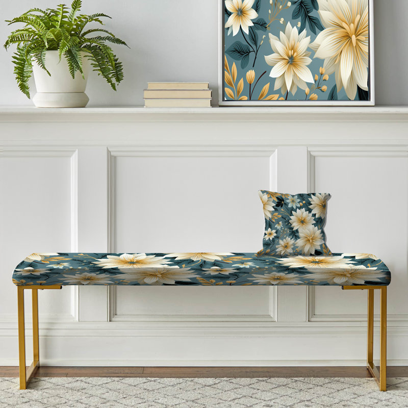 Upholstered Bench, Blue And Gold Geometric Floral Harmony Fusion I