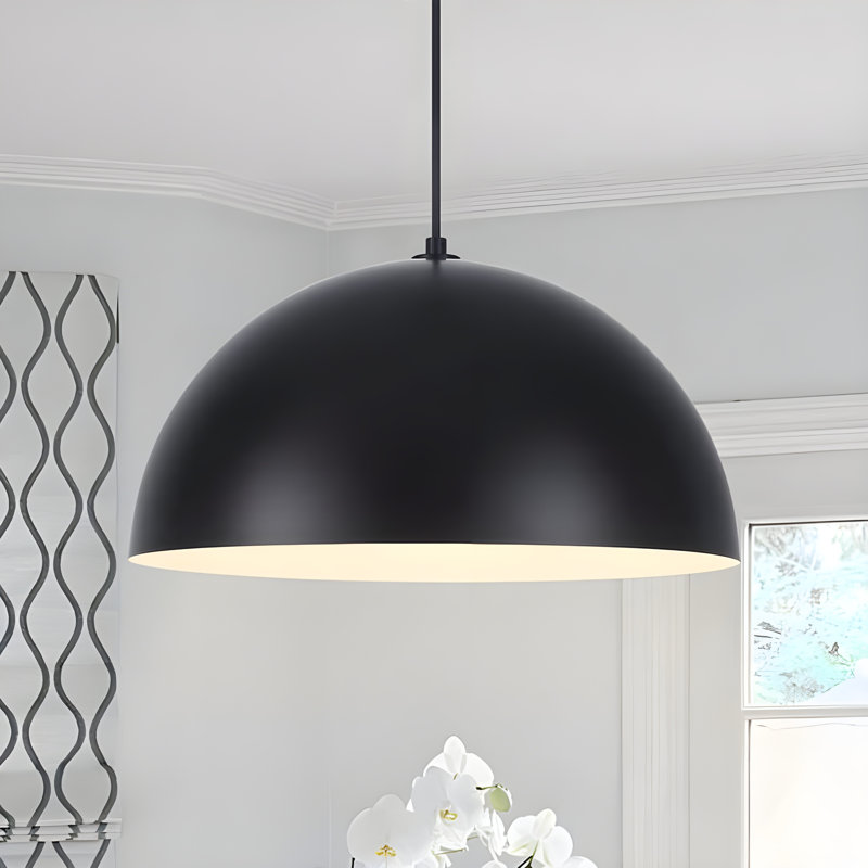 Quanshae 1 -Dome Pendant Light – Black Metal with Golden Lining, Modern Ceiling Fixture for Kitchen, Dining & Living Room