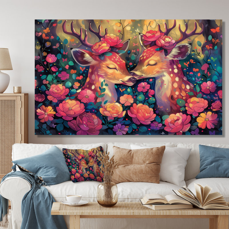 Rose et vert, forêt de cerfs, impression d'art mural, Cadre photo blanc, H 12 po x l 20 po
