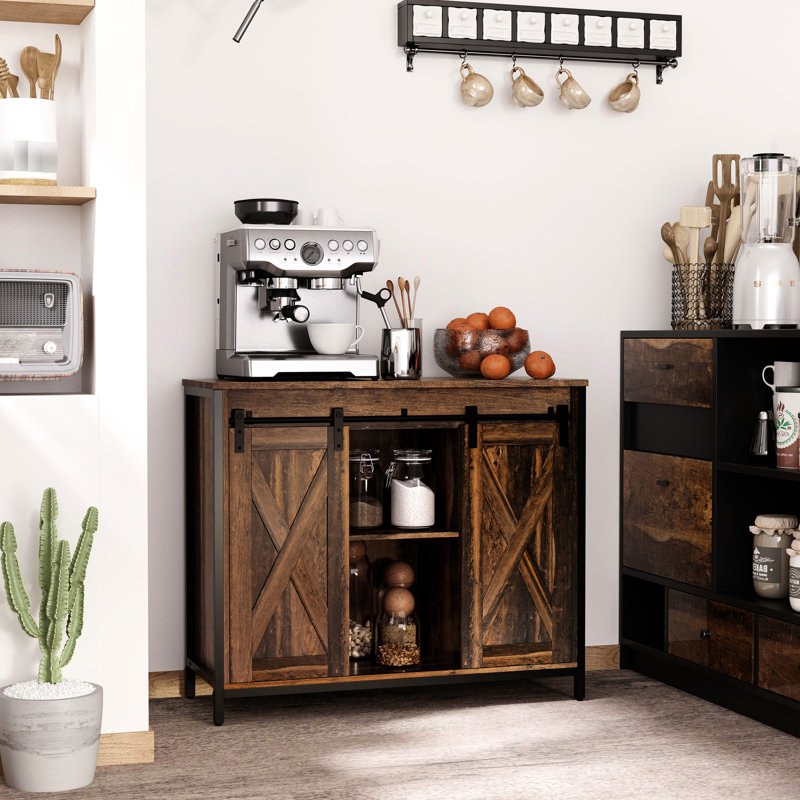 Rustic Brown Industrial Sideboard. Sideboard Buffet With Sliding Doors And Adjustable Shelves. Living Room Storage. 35.5" W X 13.5" D 30" H Cabinet By . Finish. Doors, Room, Home.