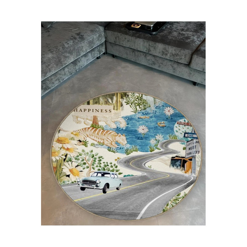 Tapis décoratif moderne à motif tressé sur la nature avec voiture et tigre, Rond 3 pi 4 po