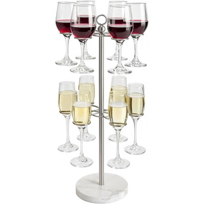 Countertop Wine Glass Holder Champagne Tower for Parties, Heavy Duty Cocktail Tree Stand Free Standing Marble Base Tabletop Stemware Rack 2 Tier with 12 Brackets