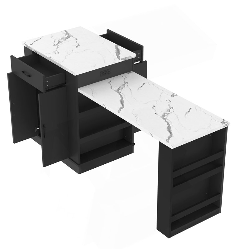 Console d'îlot extensible avec armoire et tablettes ouvertes