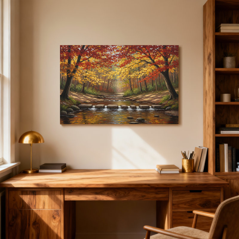 Paysage et nature Forêt d'automne, ruisseau, arbres, feuilles, roches d'eau, H 16 po x l 24 po