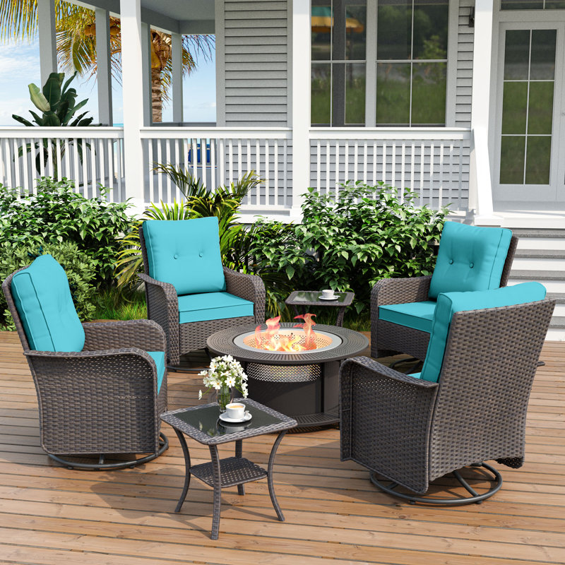 Elyes 4-Person Rocking Swivel Rattan Chair Set With Coffee Table And Outdoor Smokeless Fire Pit, Teal