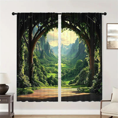 2Pcs Fantasy Forest Landscape Window Curtains Natural Scenery Mountain Valley View  Print Room Darkening Curtain Panels Thermal Insulated Light Blocking Drapes for Living Bedroom Office Home Decor