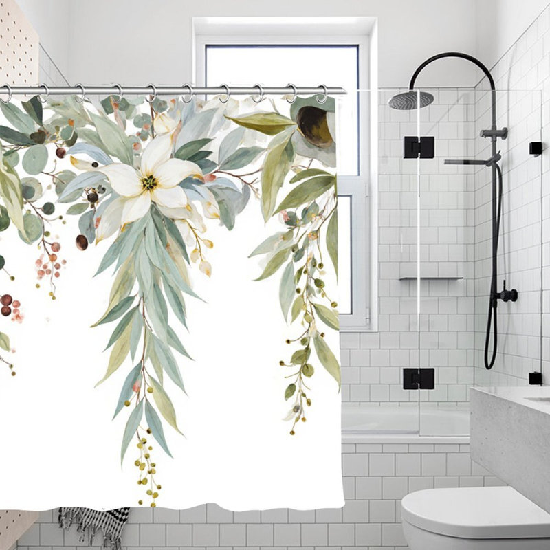 Rideau de bain aquarelle suspendu à motif de feuillage et de fleurs - 72 po x 72 po