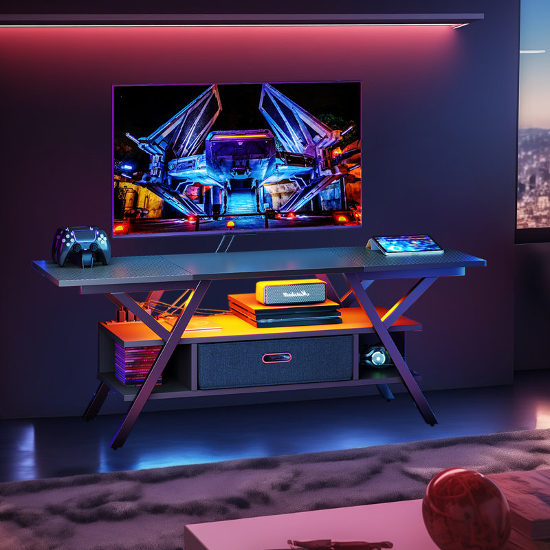 Brisna 55" TV Stand, Modern Entertainment Center with Power Outlets LED and Drawer, Black Carbon Fiber/Black
