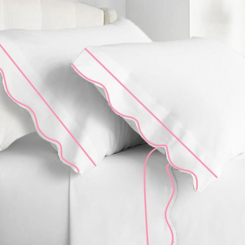 400TC Cotton Scallop Embroidery & Border Cotton 4 Piece Sheet Set Fitted Sheet Fits Upto 16" Deep Pocket, Light Pink Border