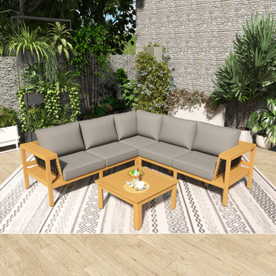 Ensemble de conversation de patio en bois 4 pièces avec coussin gris