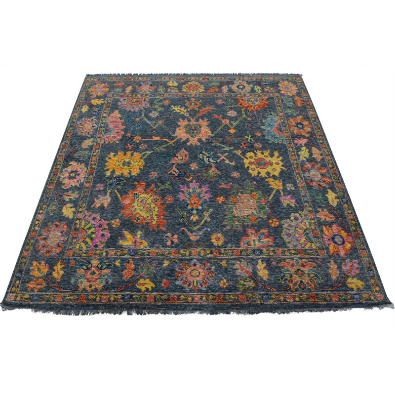 Tapis oriental moderne en laine bleu noué à la main 9 pi 4 po x 8 pi Anatolia