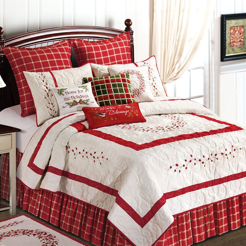 Full Size Red and White Cotton Reversible Quilt Set