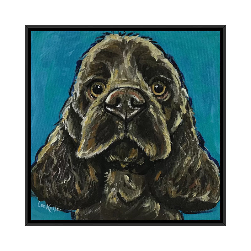 «Cocker Spaniel On Teal» par Hippie Hound Studios, impression sur toile tendue, H 18 po x l 18 po x P 1,5 po, Pas de tapis