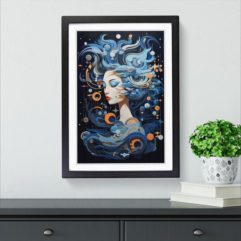 Aquarius Zodiac Contemporary - Single Picture Frame Print on Wood, 46cm H x 34cm W x 2cm D, Black