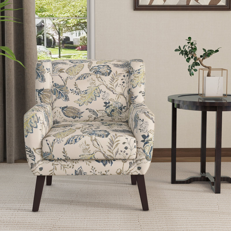 Fauteuil capitonné de 27,5 po de largeur Stephanny, Mélange de lin beige / vert / feuille bleue