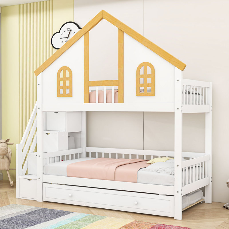 Wood Bunk Bed with Roof and Staircase and Trundle, Twin Over Twin
