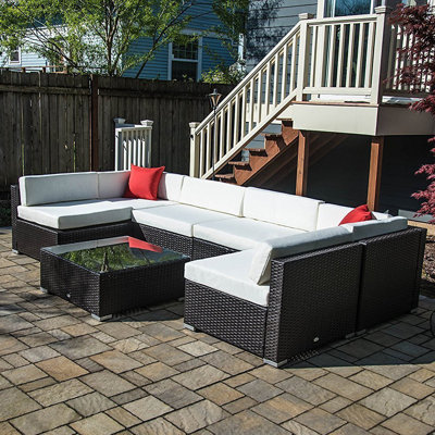 Merton 7-Piece Patio Furniture Set, Outdoor Wicker Conversation Set, All Weather PE Rattan Sectional Sofa Set with Cushions and Faux Wood Table, Stripe Pillows