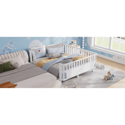 Full Size Metal Platform Bed For Kids, Metal Low Profile Full Bed With Rails For Girls And Boys, White