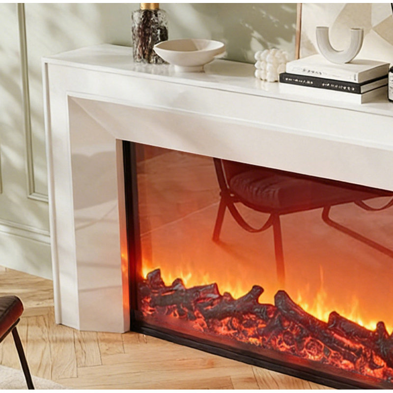 French creamy style simulated fire decorative electric fireplace, 39.37"H x 59.06"W x 12.60"D, White