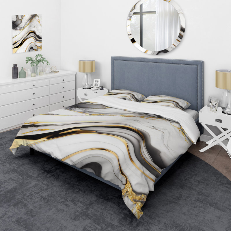 Ensemble de housse de couette Abstract Geode Marble Waves Grey IV Bedding, Housse de couette simple + 1 taie décorative stan