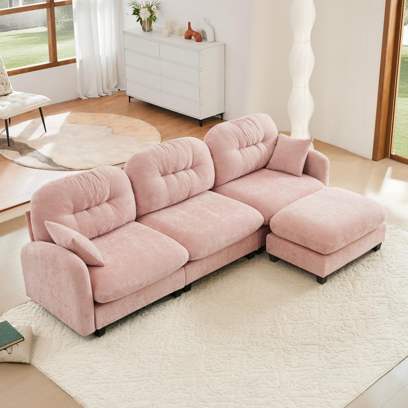 Canapé modulaire en L modulaire avec repose-pieds, Chenille rose