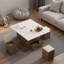 Table basse relevable moderne avec 4 tabourets pour le salon Table de salle à manger extensible 1 rangement caché + 2 tiroirs peu encombrants-1528365954