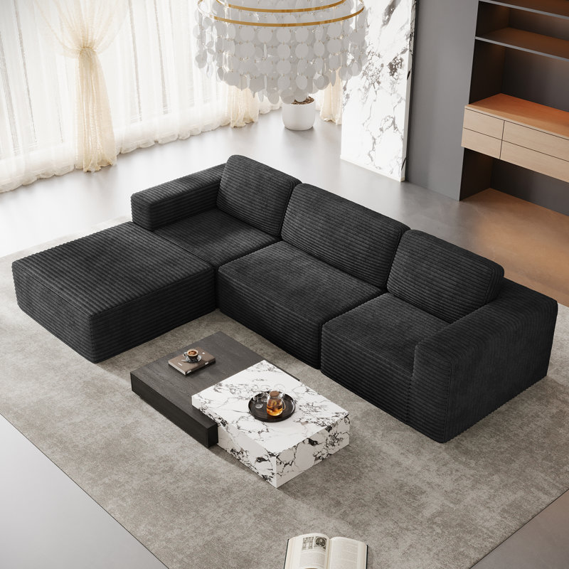 Modular Corduroy 303cm 3-seater Sofa With 1 Ottoman, No Assembly Required, With High Rebound Sponge, Black