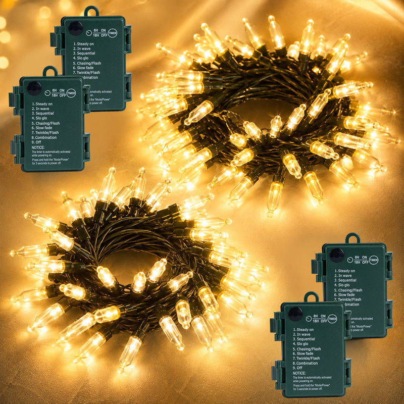 Ensemble de 4 guirlandes lumineuses de Noël d'extérieur, 5,5 m (18 pi), 50 mini-DEL blanc chaud à piles, avec minuterie et 8 modes d'éclairage