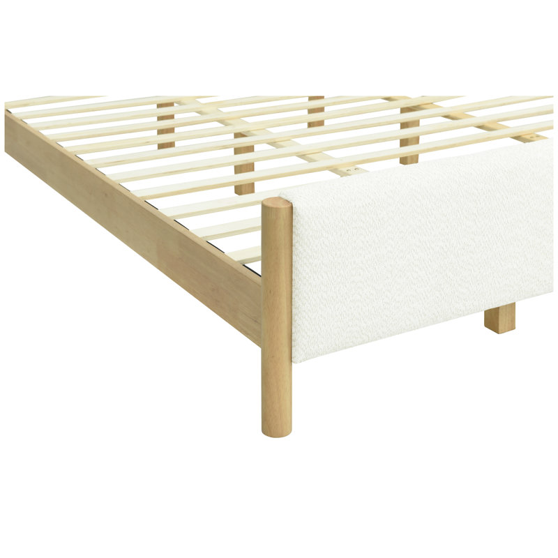 Lit plateforme tapissier moderne très grand avec pieds en bois d'hévéa - structure en tissu texturé blanc