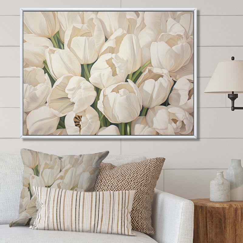 Minimalisme beige tulipes symphonie III - tulipes, Cadre flottant blanc, H 24 po x l 32 po x P 1 po