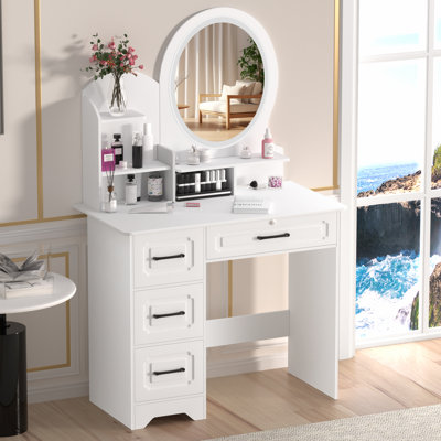 Makeup Desk with Mirror, Large Vanity Desk with Storage Shelves, 4 Drawers, Makeup Vanity Table with Light, Bedroom Dressing Table