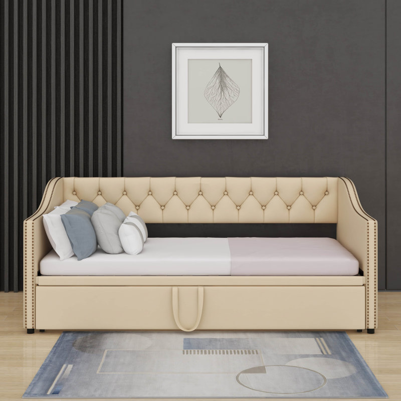 Twin Size Upholstered Daybed With Pop Up Trundle, Beige