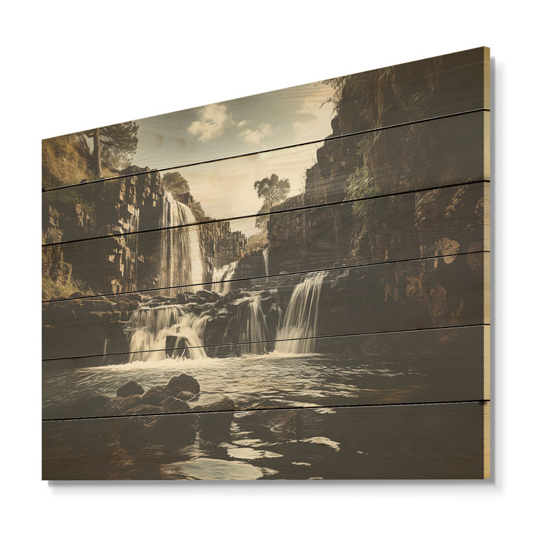 «Waterfall River Scenery - Waterfall», art mural sur bois de pin naturel, H 24 po x l 32 po