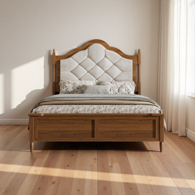 Bed Frame with Upholstered Headboard, Panel Foot Board, Vintage Mid Century Bed Frame