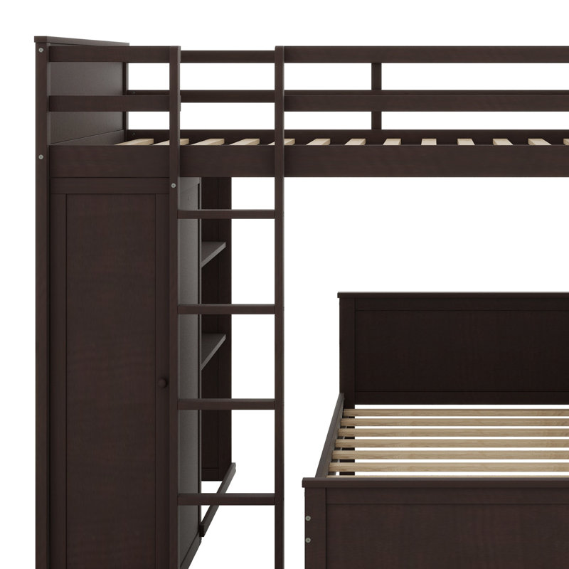 Lit mezzanine avec lit autonome, tablettes, bureau et garde-robe, Brun