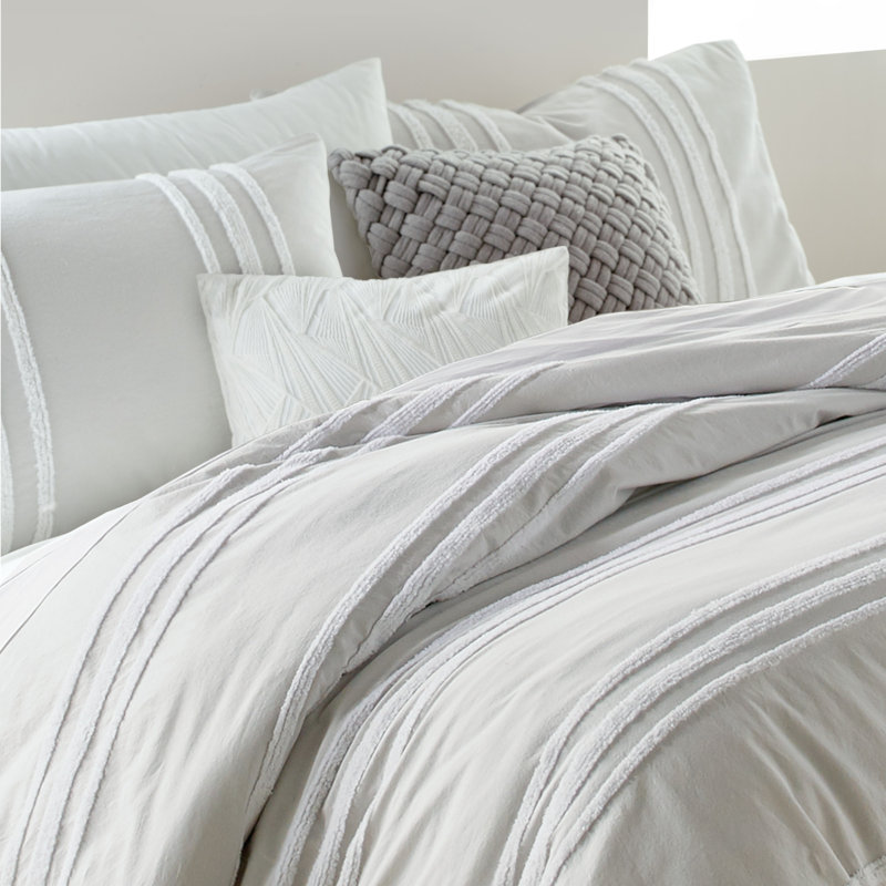 DKNY Chenille Stripe 100% Cotton 3 Piece Comforter Set, Full/Queen Comforter + 2 Standard Shams, Gray