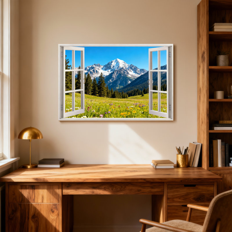 Paysage et nature vue sur la montagne par une fenêtre ouverte, H 12 po x l 18 po