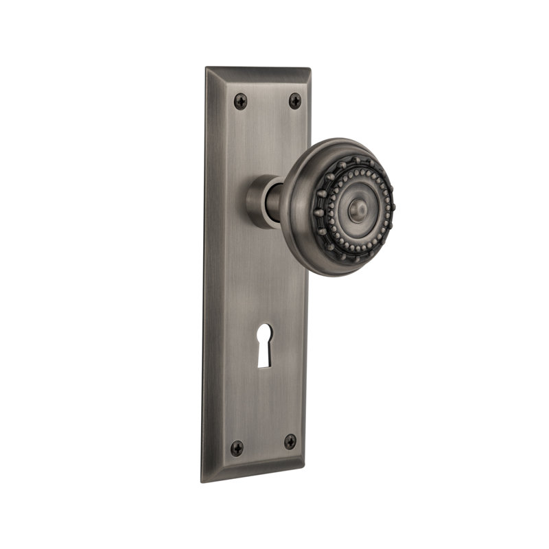 Meadows Interior Mortise Door Knob with New York Long Plate, Antique Pewter