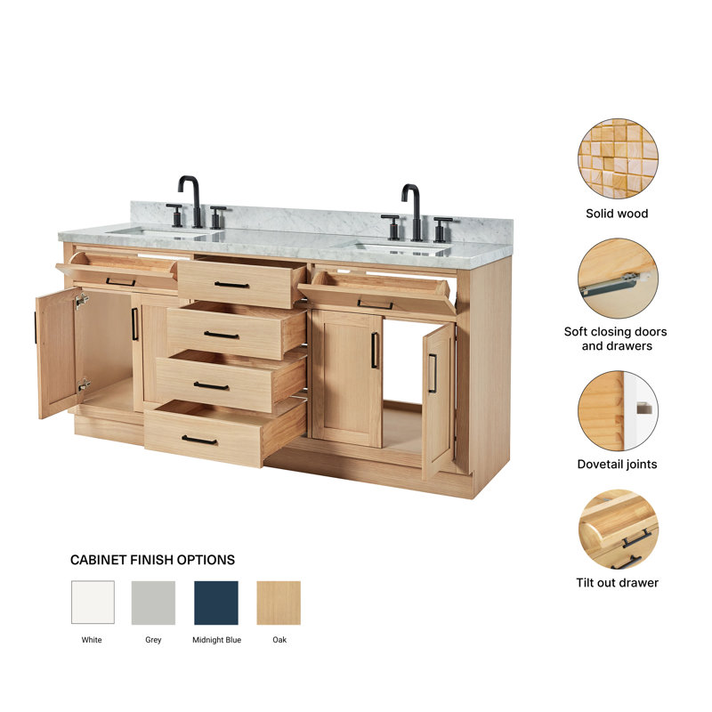 ARIEL HEPBURN 73 IN DOUBLE RECTANGLE SINK VANITY 1,5 IN, Natural Oak, 73", Rectangular