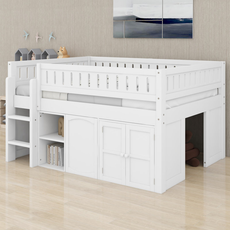 Lit mezzanine avec armoire de rangement, tableau noir, Blanc