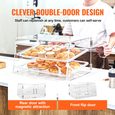 Pastry Display Case, 2-Tier Commercial Countertop Bakery Display Case, Acrylic Display Box With Rear Door Access & Removable Shelves